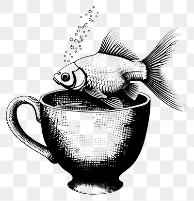 PNG Goldfish swimming in a teacup black white art.