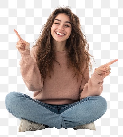 PNG Happy young woman sitting fingers background pointing.