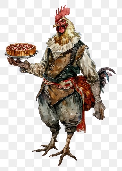 PNG Chicken carry a pie watercolor illustration character clothing.