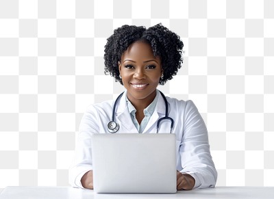 PNG Happy mature black female doctor looking young and smart using laptop looking at camera white professional electronics.