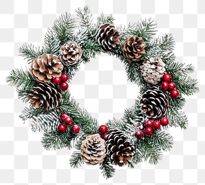 PNG A Christmas wreath with pine cone and christmas cherry and snowy decoration christmas decorations christmas wreath.