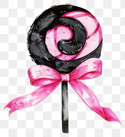 PNG Black lollipop with pink ribbon bow tied sweets illustration watercolor.