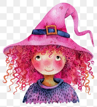 PNG Halloween curly ginger hair kid wearing witch costume illustration watercolor theme.