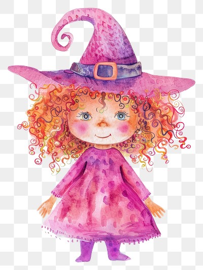 PNG Halloween curly ginger hair kid wearing witch costume illustration watercolor colorful.