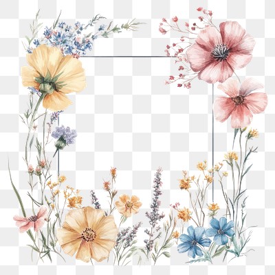 PNG Wild flowers square line frame art illustration watercolor.