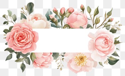 PNG Pink roses and peonies on invisible rectangle frame art illustration watercolor.