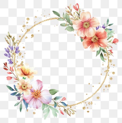 PNG Summer color flowers on gold glitter circle frame illustration watercolor blossoms.