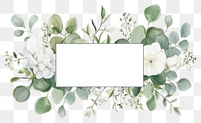 PNG White and green wedding flowers on invisible rectangle frame illustration watercolor leaves.