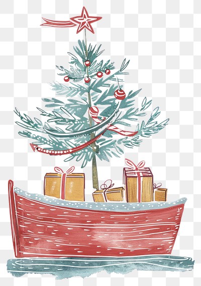 PNG Boat with a gift boxes christmas tree illustration.