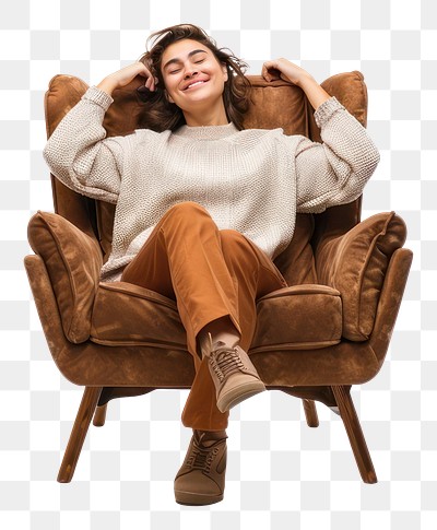 PNG Happy woman sitting in armchairs furniture comfortable relaxation.