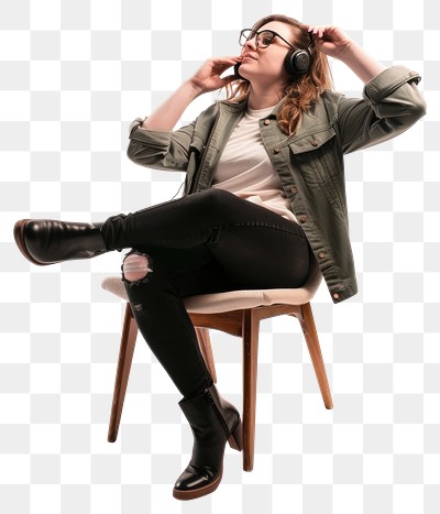 PNG White woman listen to music sitting headphones chair.