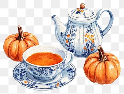 PNG Autumn tea set illustration beverage pumpkin.