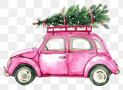 PNG Christmas car tree art watercolor.