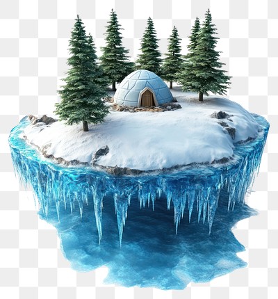 PNG Floating blue ice island igloo trees snow.