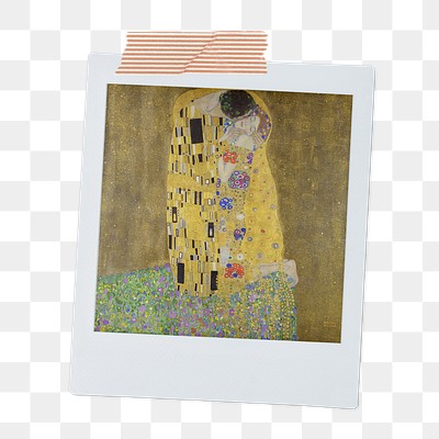 Gustav Klimt&#39;s png The Kiss instant photo, transparent background, remixed by rawpixel