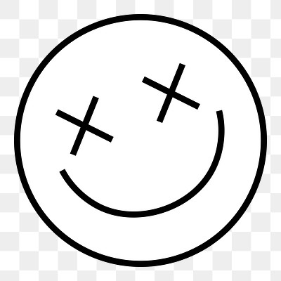 Png x-eye smile emoji sticker, black &amp; white, transparent background