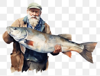 Premium Vector  Happy fisherman stands against backdrop sea holds fish  caught with bait male hobby _ai_generated