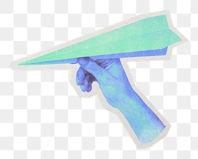 PNG hand holding paper plane sticker with white border, transparent background