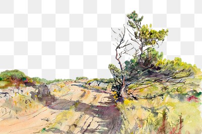 Countryside road png watercolor border, transparent background. Remixed from Howard Russel Butler artwork, by rawpixel.