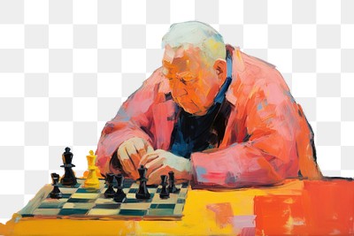 PNG Chubby old man playing chess painting game concentration. 