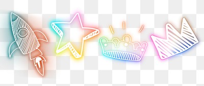 Png rainbow doodle glow neon icon element set