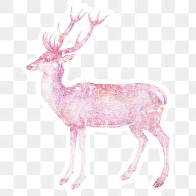 Pink holographic deer sticker with a white border