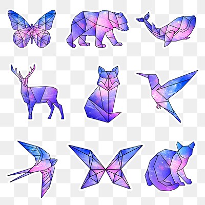 Purple galaxy patterned geometrical and crystalized animal sticker set