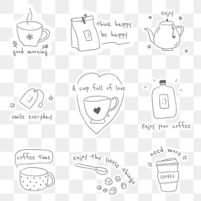 Coffee doodle sticker design element set