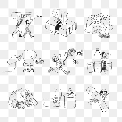 Common illnesses at home png element set healthcare doodle