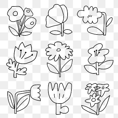 Png black flower sticker, doodle minimal design, transparent background set