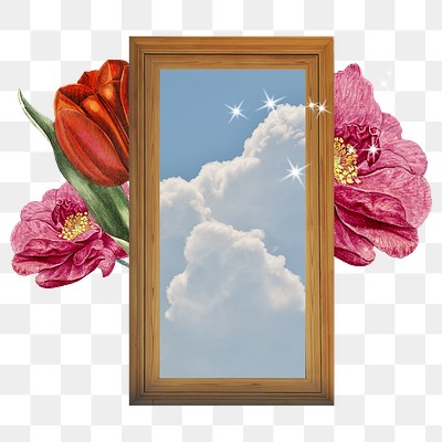 Floral picture png frame, surreal escapism collage art on transparent background