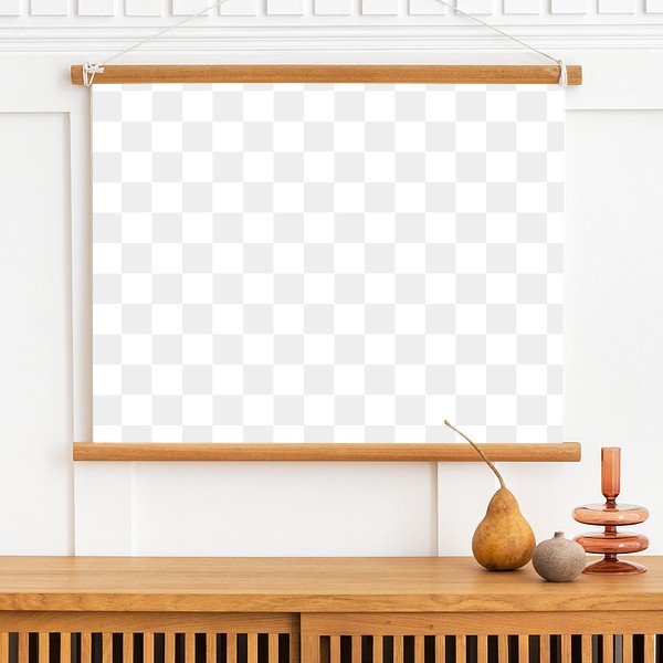 Download Poster Hanger Mockup Over A Wooden Sideboard Table Royalty Free Stock Transparent Png 2394017 PSD Mockup Templates