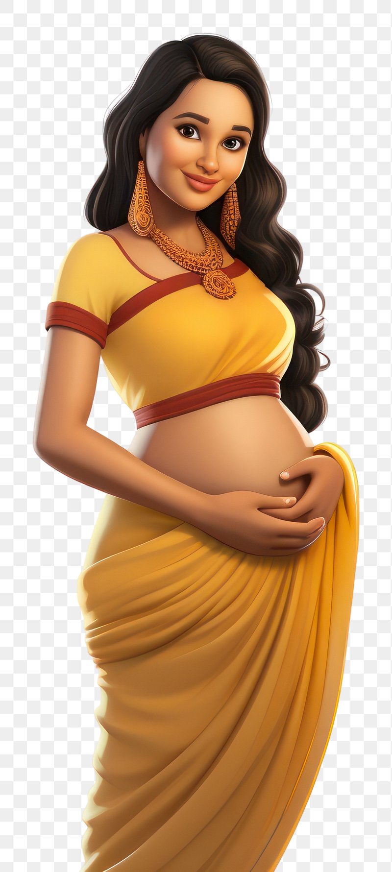 Pregnant Woman Cartoon - Pregnant woman in orange dress, happy