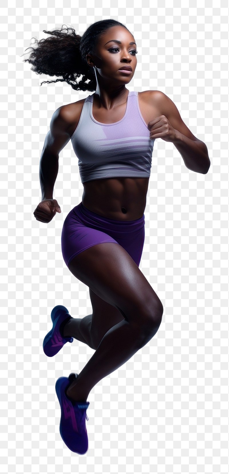 Fit female in white fitness attire jogging outdoors. Full length of a young  woman sprinting stock photo