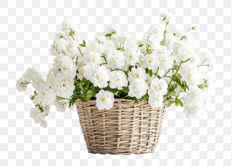PNG White flowers in a basket on a white white flowers arrangement decorative.