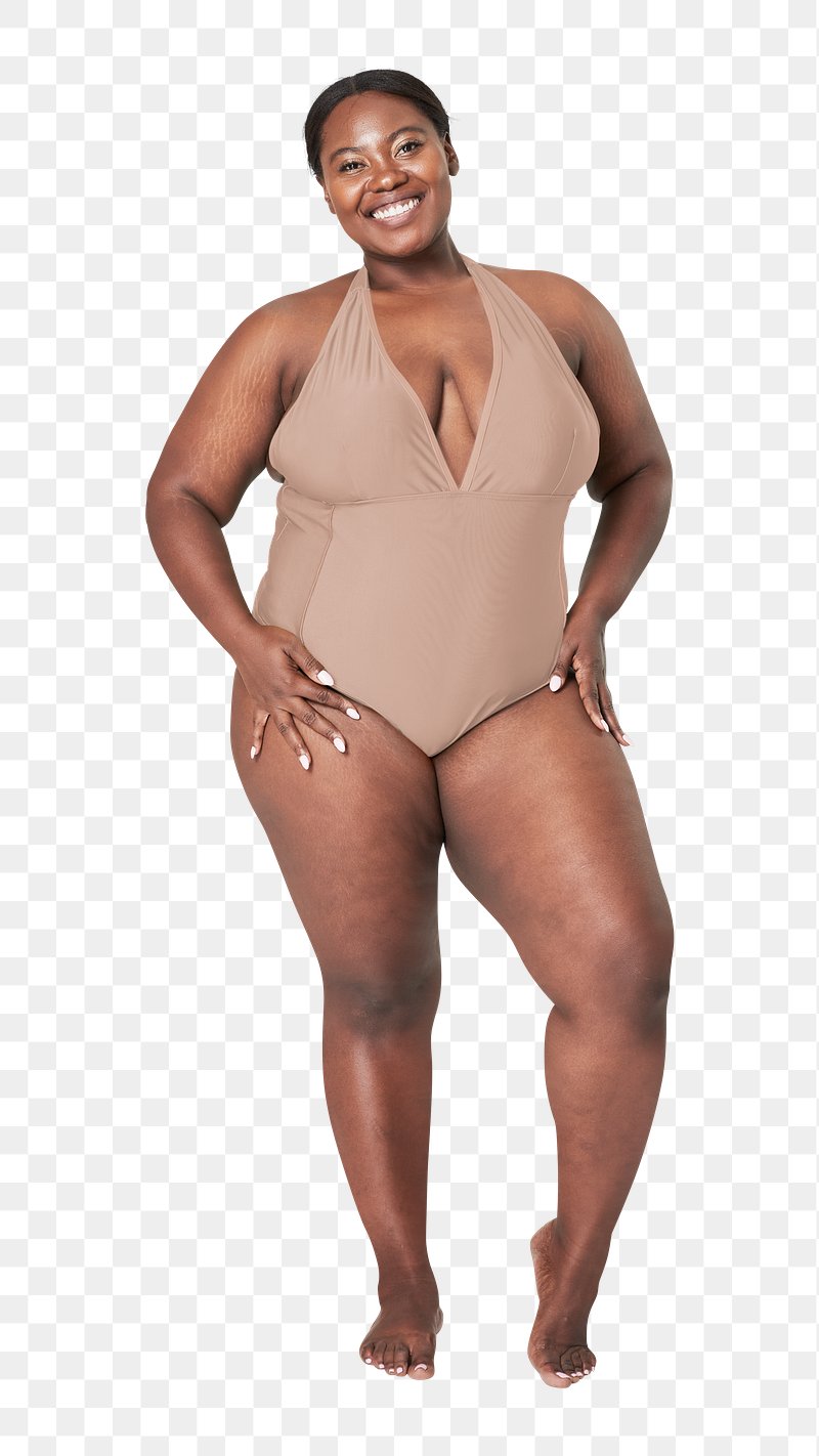 Cheerful fat black woman in white bodysuit on white background