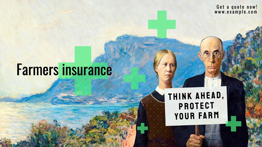 Farmers insurance editable presentation template, American Gothic, famous artwork remixed by rawpixel