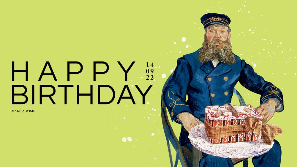 Postman Roulin blog banner template, happy birthday greeting, Van Gogh's famous artwork, remastered by rawpixel