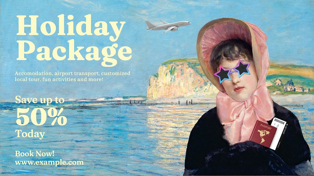 Vintage travel blog banner template, holiday package, Jacques-Emile Blanche's and Claude Monet's famous artworks remixed by…