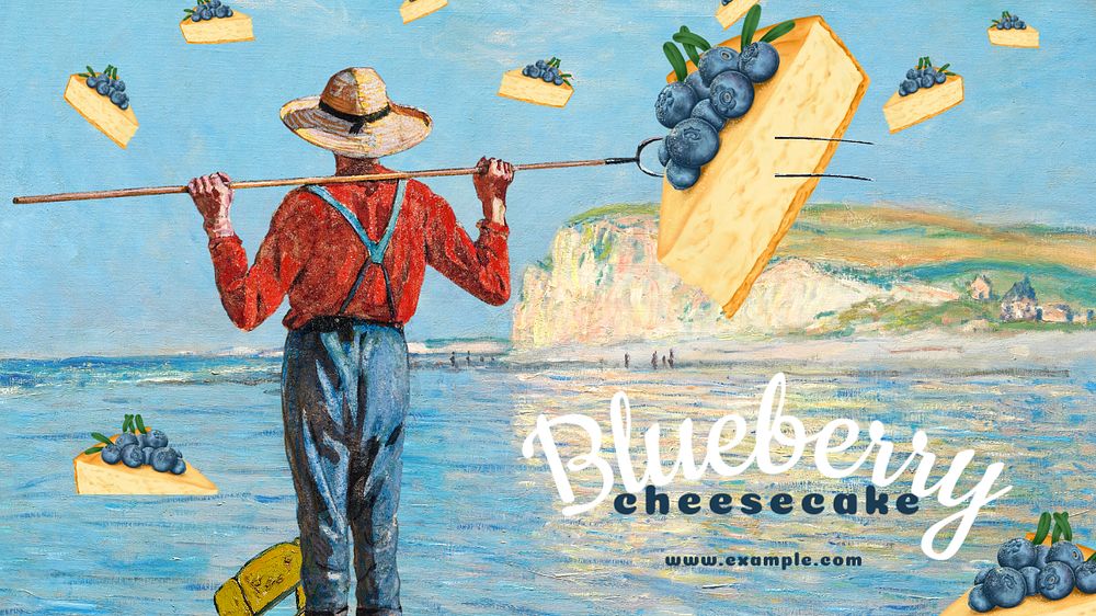 Blueberry cheesecake YouTube thumbnail template, Monet's and Edward Penfield's artworks, remixed by rawpixel.