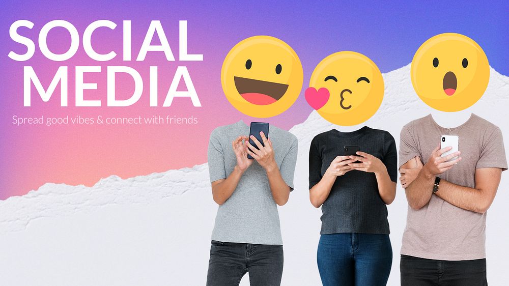 Social media lovers banner template, emoticon heads design