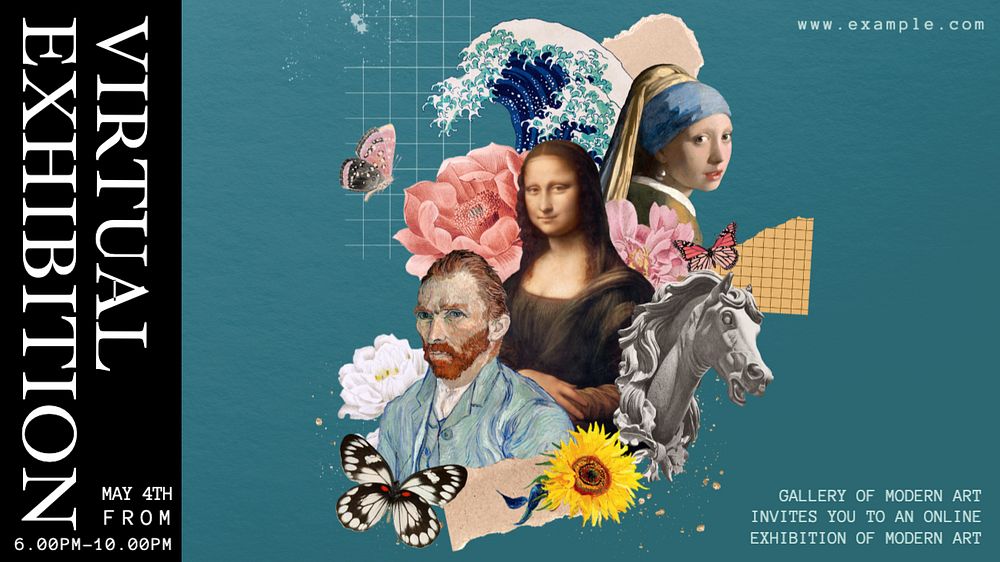 Art exhibition YouTube thumbnail template, Van Gogh's, Da Vinci's & Johannes Vermeer's famous artworks, remixed by rawpixel.