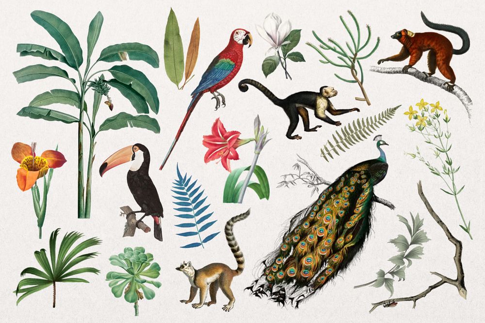 Vintage wild animals vintage sticker set, editable design