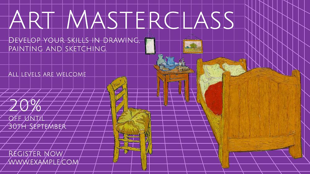 Art masterclass editable presentation template, famous Van Gogh's The Bedroom illustration, remixed by rawpixel.