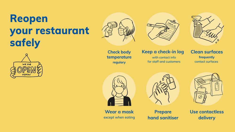 Restaurant safety measures Facebook cover template, COVID-19 editable design