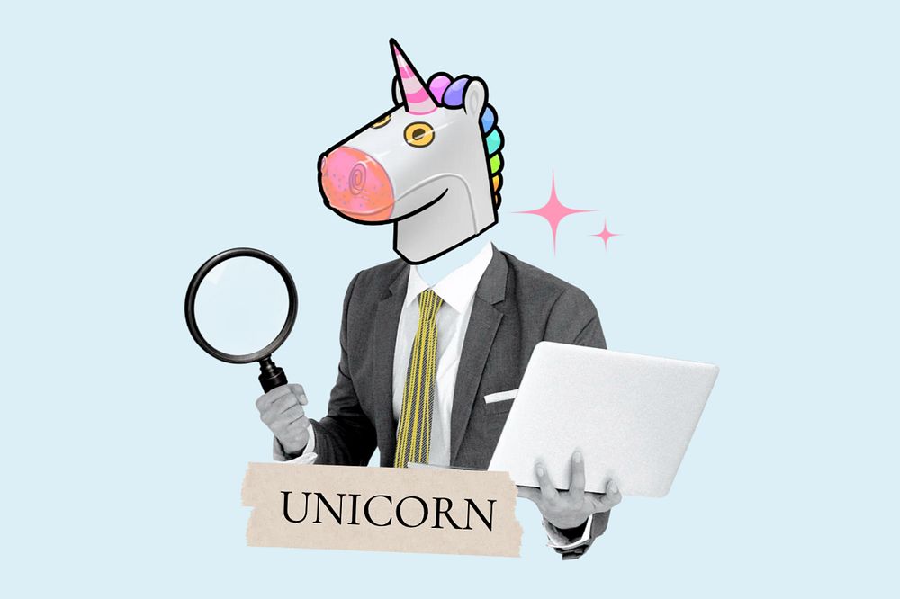 Unicorn word, unicorn head businessman remix, customizable design