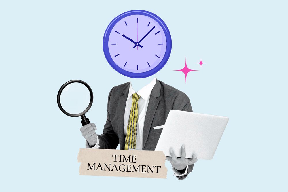 Time management word, clock head businessman remix, customizable design