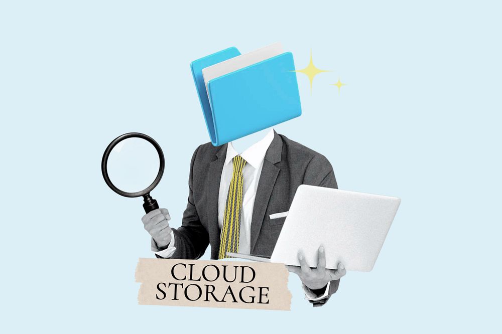 Cloud storage word, folder head businessman remix, customizable design