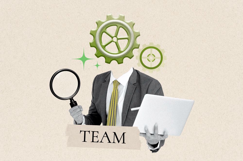 Team word, cogwheel head businessman remix, customizable design