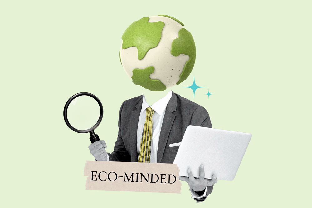 Eco-minded word, globe head businessman remix, editable design